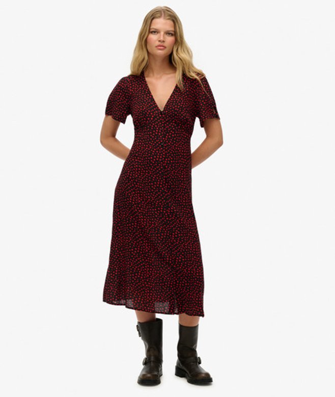 Bedrukte Midi-teadress met Knopen en Korte Mouwen Red Grootte: 42 afbeelding