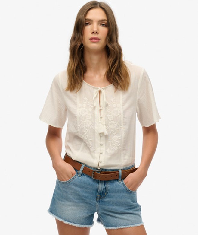Women's Kurzärmeliges Oberteil mit Stickerei und Knöpfen - Größe: 36 - Superdry - Modalova