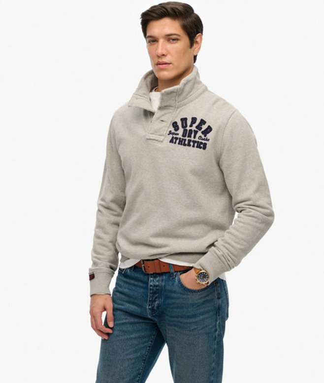 Superdry Men's Vintage Athletic Half Button Sweatshirt Light Grey / Light Grey Marl