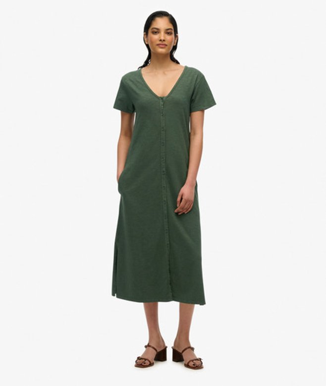 Superdry Jersey Midi-jurk met Korte Mouwen en Knoopsluiting Green