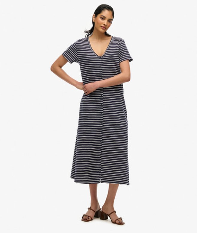 Superdry Jersey Midi-jurk met Korte Mouwen en Knoopsluiting Blauw