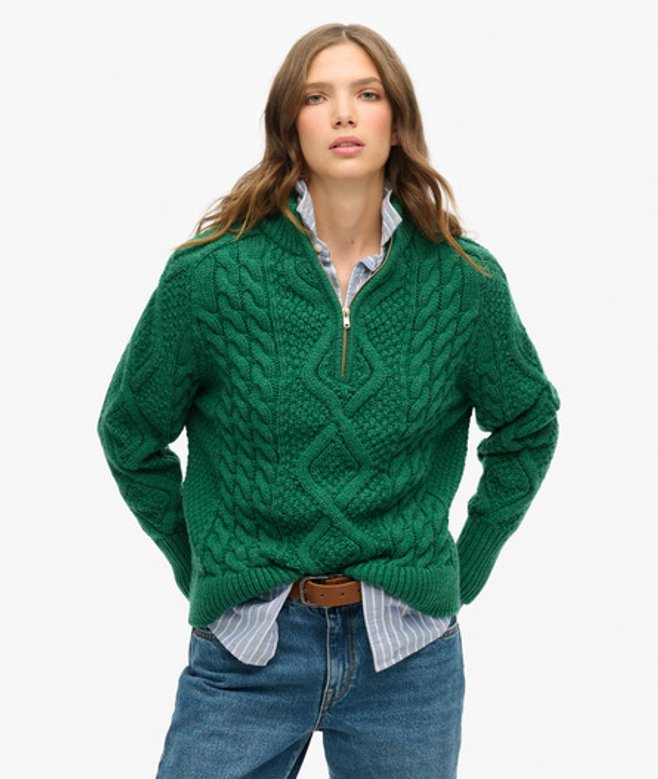Gebreide Aran-kabeltrui met Halve Rits Groen Grootte: 40 afbeelding