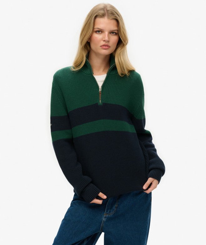 Oversized Classics Trui van Katoen met Halve Rits en Strepen