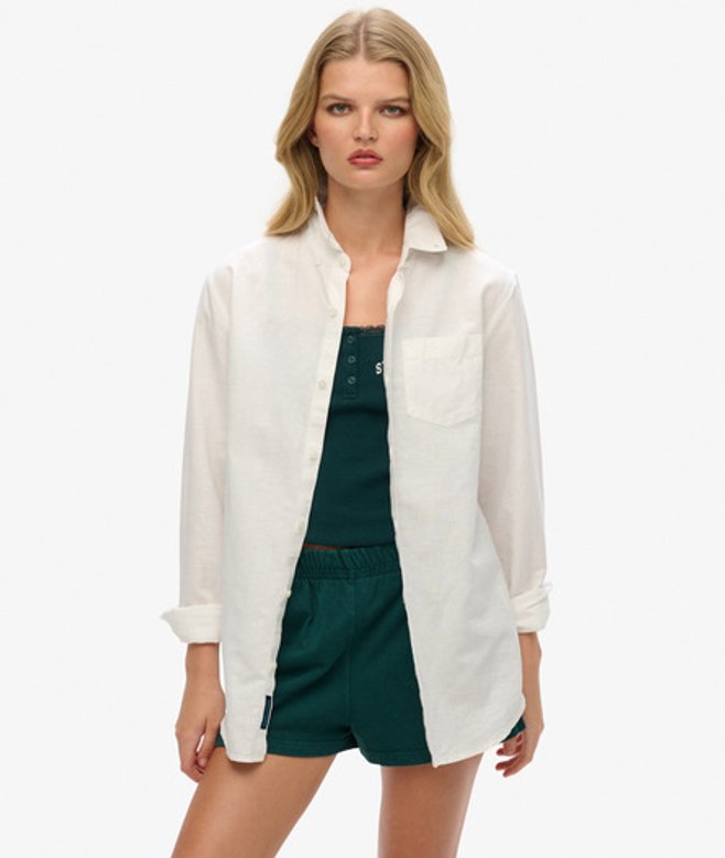 Superdry Women's Oversized Studios Linen Button Down Shirt White / Optic