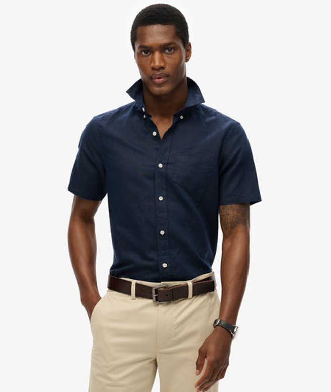 Superdry Homme Chemise à Manches Courtes en Coton et lin Navy