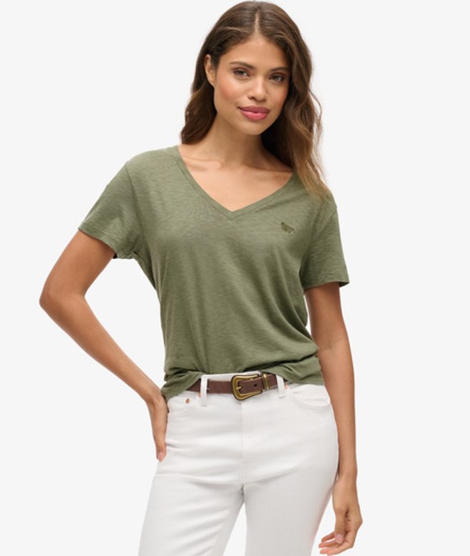 Superdry Women's Classic Logo Embroidered Slub V-Neck T-Shirt, Green