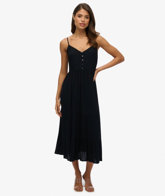 Superdry Gelaagde Midi-jurk met Halve Knoopsluiting Black