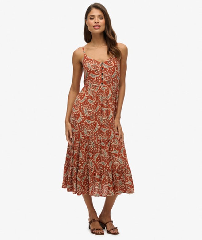 Superdry Gelaagde Midi-jurk met Halve Knoopsluiting Brown
