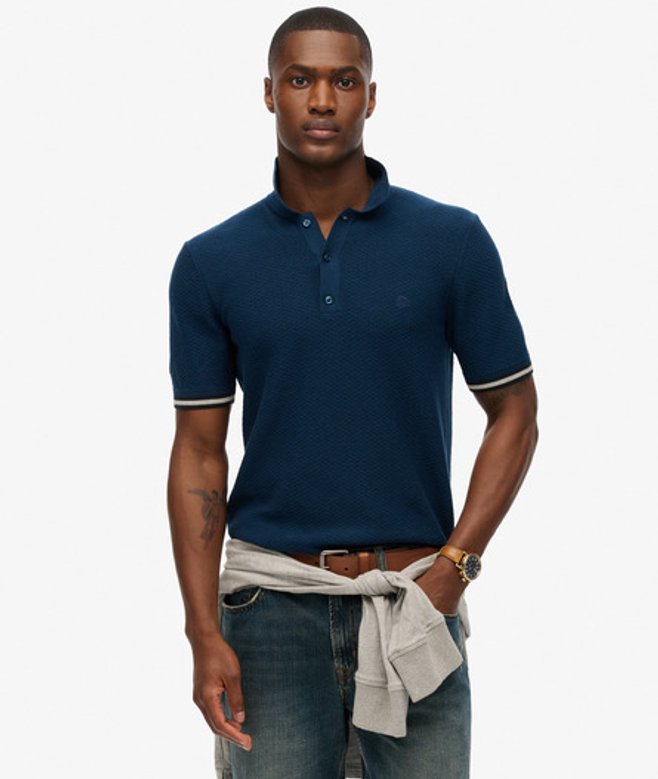 Gebreid Poloshirt met Korte Mouwen en Textuur Blauw Grootte: M afbeelding