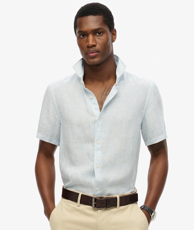 Superdry Herren Vacation Hemd mit Kurzen Ärmeln aus Leinen Light Blue