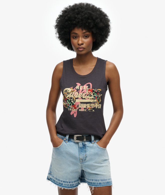 Superdry Vintage Logo Tokyo Tanktop met Ronde Hals Dark Grey