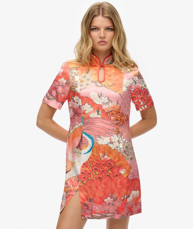 Mini-jurk van Jacquard met Mandarijnkraag Pink Grootte: 36 afbeelding