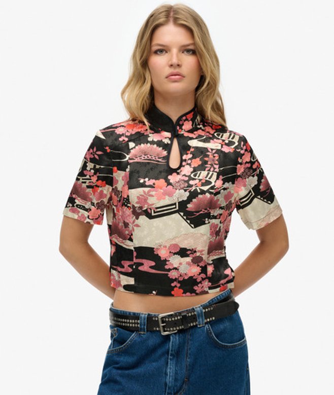 Top van Jacquard met Mandarijnkraag Pink Grootte: 36 afbeelding