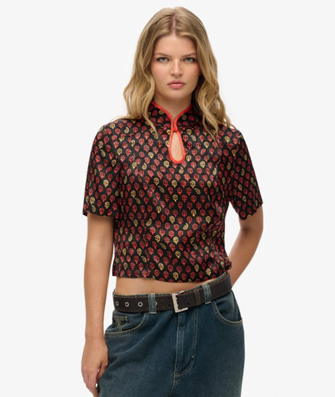 Top van Jacquard met Mandarijnkraag Black Grootte: 36 afbeelding