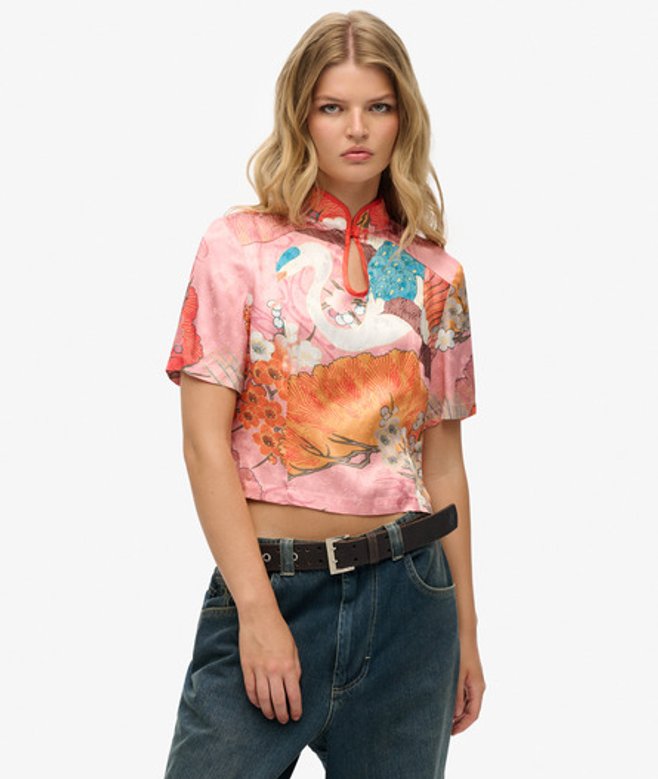 Top van Jacquard met Mandarijnkraag Pink Grootte: 38 afbeelding