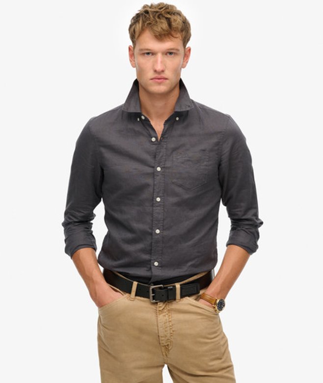Superdry Men's Cotton Linen Long Sleeve Shirt Dark Grey / Blackened Pearl - Size: M