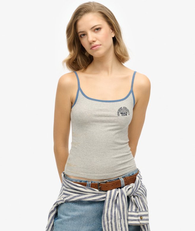 Superdry Women's Slim Fit Contrast Piping Athletic Essentials Branded Cami Top, Grey and Blue