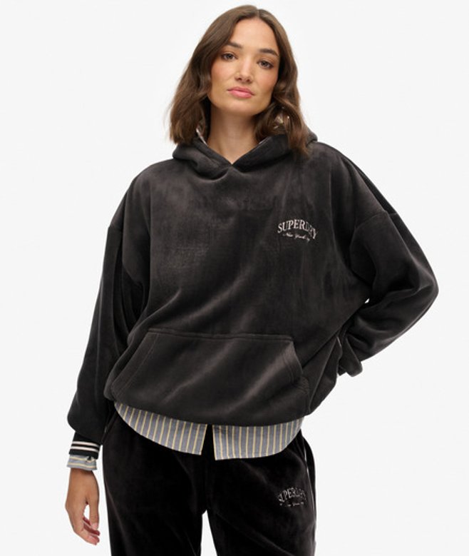 Superdry Country Club Velour Relaxed Hoodie Black