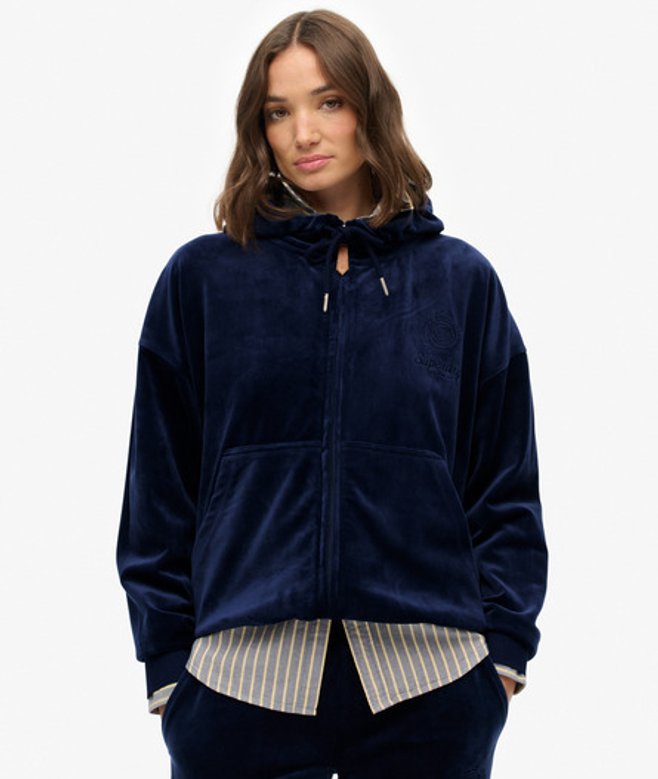 Superdry Country Club Velours Hoodie met Rits Blauw
