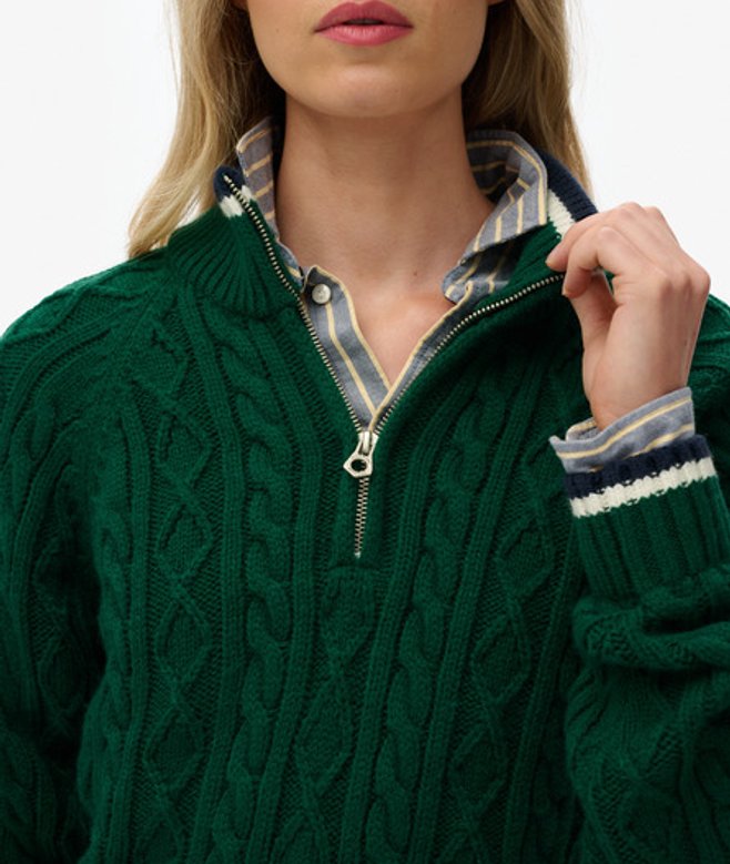 Gebreide Kabeltrui met Halve Rits in Slimfit Green Grootte: 44 afbeelding