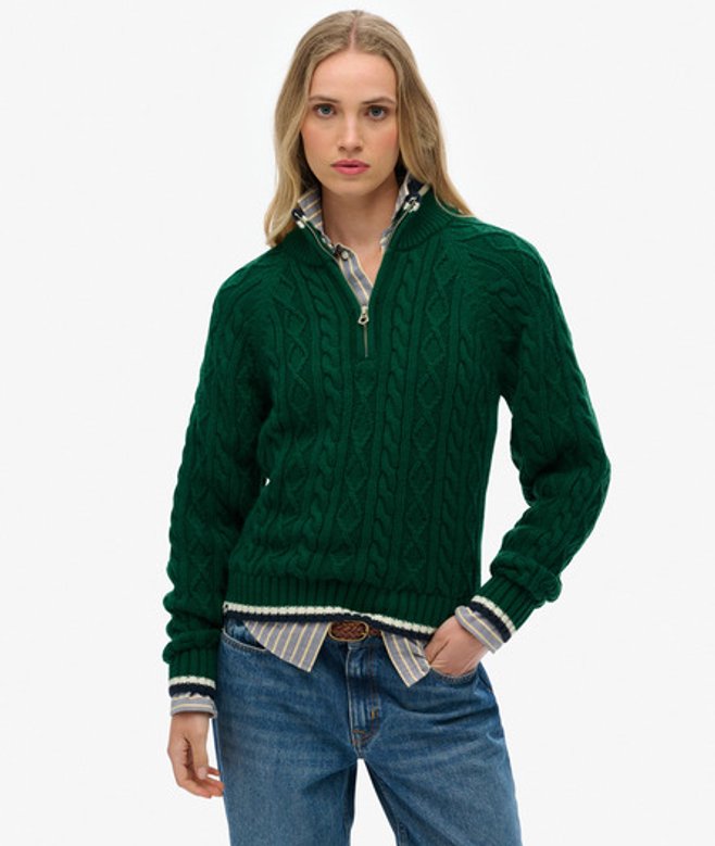 Superdry Gebreide Kabeltrui met Halve Rits in Slimfit Green