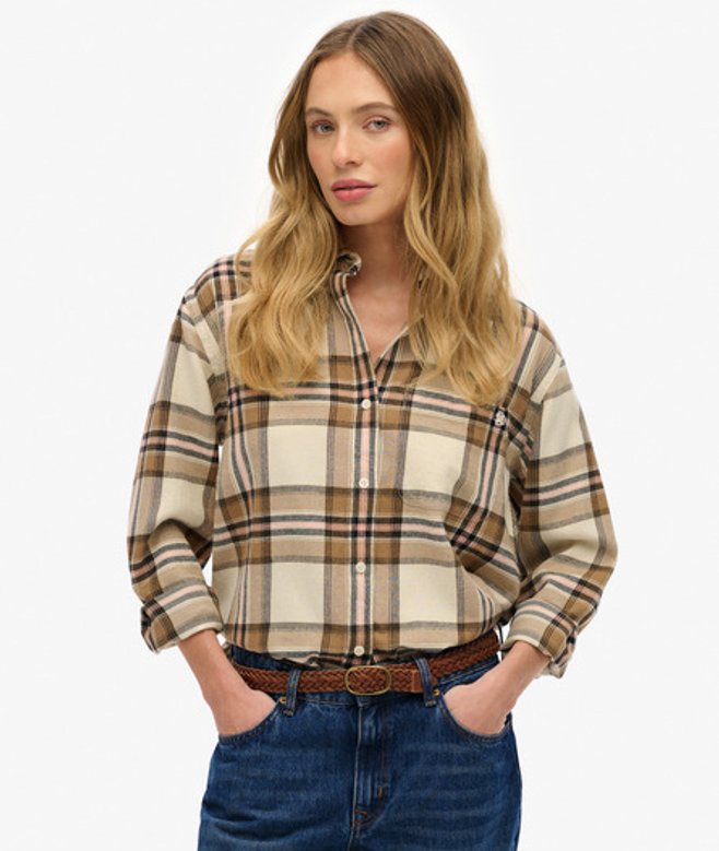 Geruit Flanellen Boyfriend Overhemd Beige Grootte: 40 afbeelding