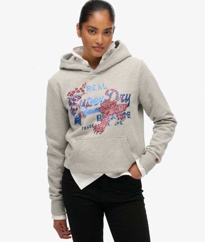 Superdry Tokyo Hoodie met Vintage Logo en Relaxte Pasvorm Grey