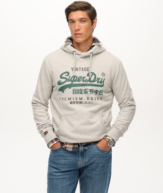 Superdry Duo Classic Hoodie met Vintage Logo Light Grey
