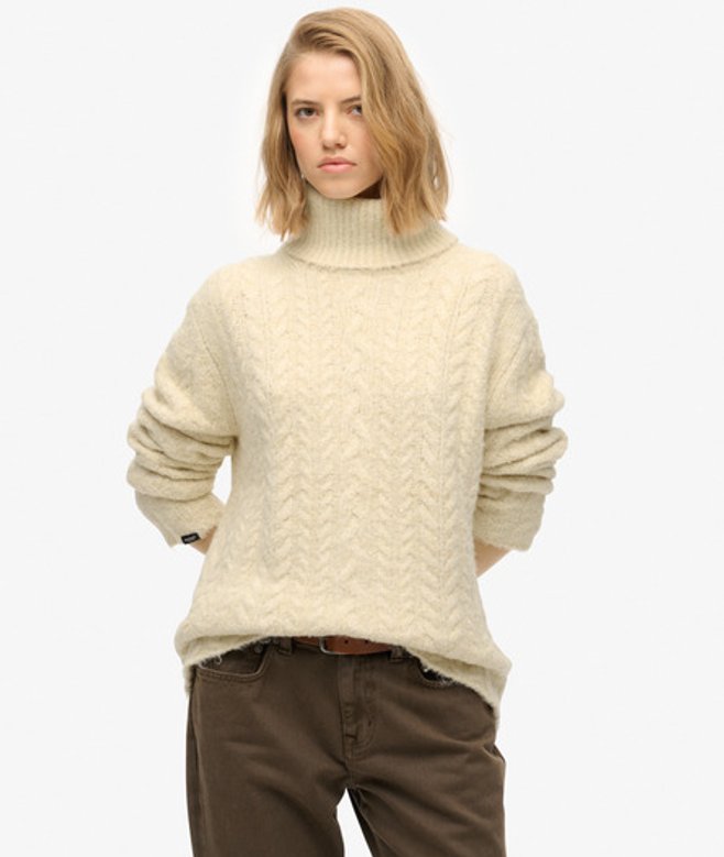 Superdry Kabeltrui met Rolkraag Crème
