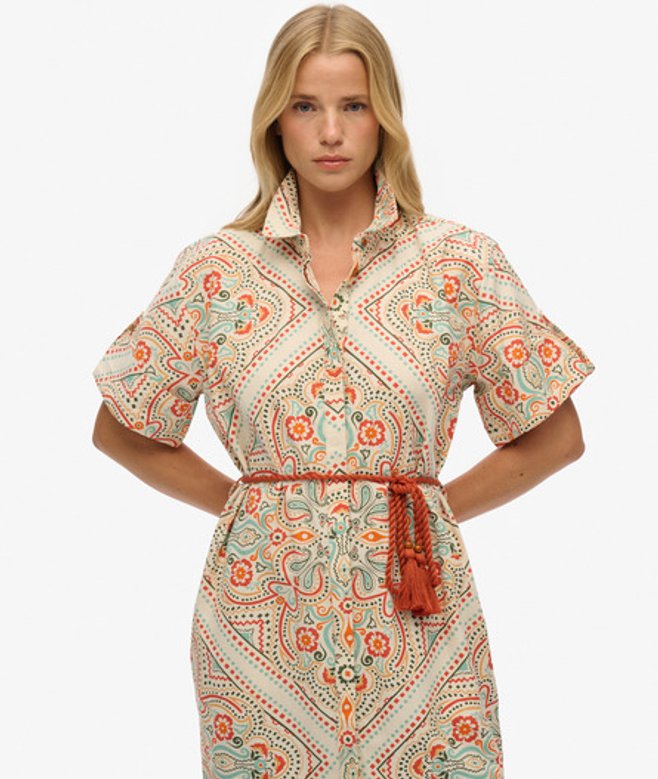 Superdry Women's Linen Shirt Maxi Dress Cream / Matera Tile Print Cream