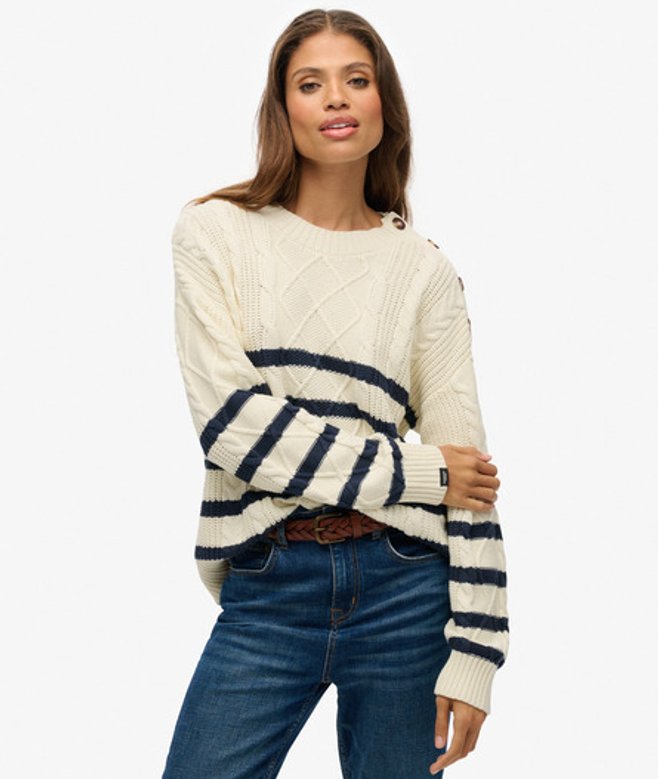 Superdry Kabeltrui met Ronde Hals White