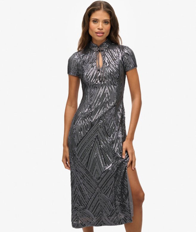 Midi-jurk met Kraagloze Boord en Pailletten Grey Grootte: 42 afbeelding