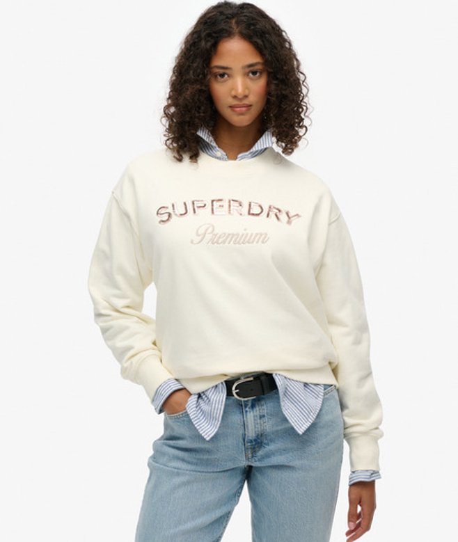 Superdry Premium Design Sweatshirt met Ronde Hals en Losse Pasvorm White