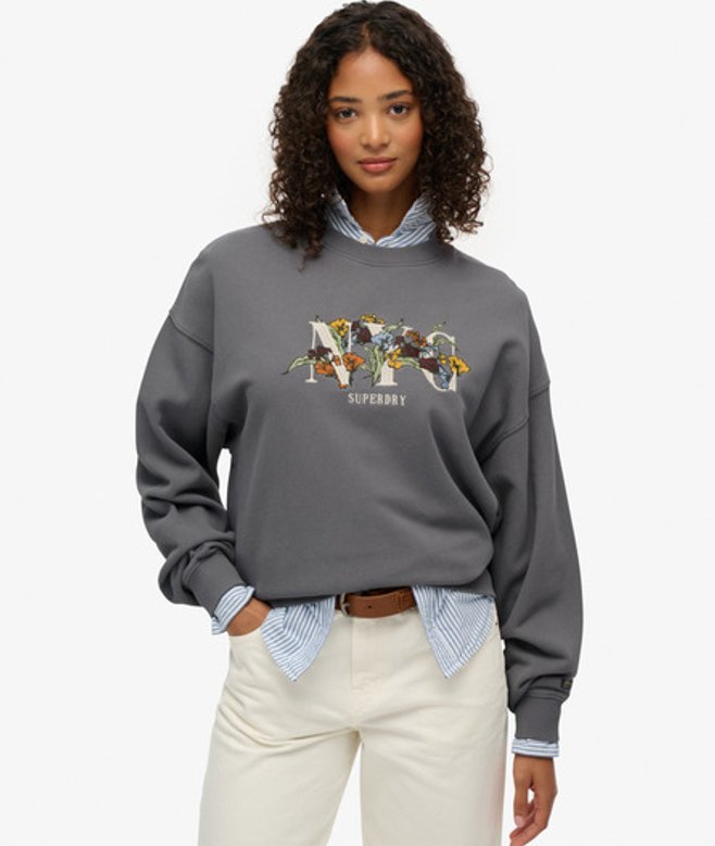 Superdry Women's Night Garden Oversized Crew Sweatshirt Dark Grey / Manor House Grey