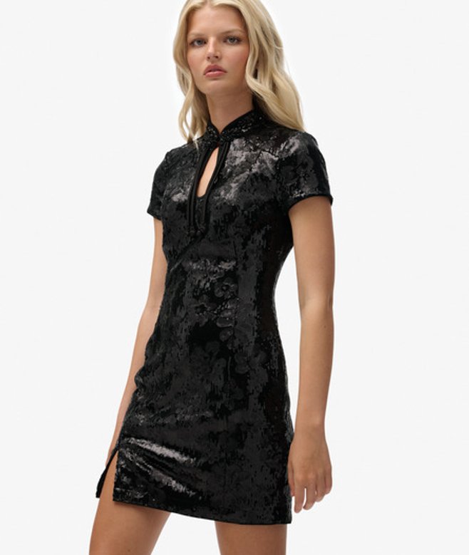 Mandarin Pailletten Mini Jurk Black Grootte: 40 afbeelding