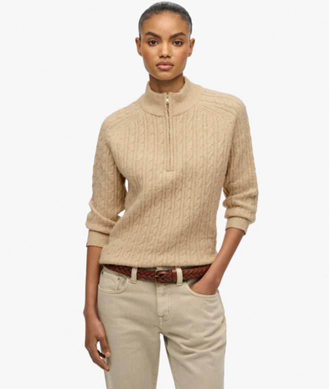 Superdry Geborstelde Kraagloze Kabeltrui Beige