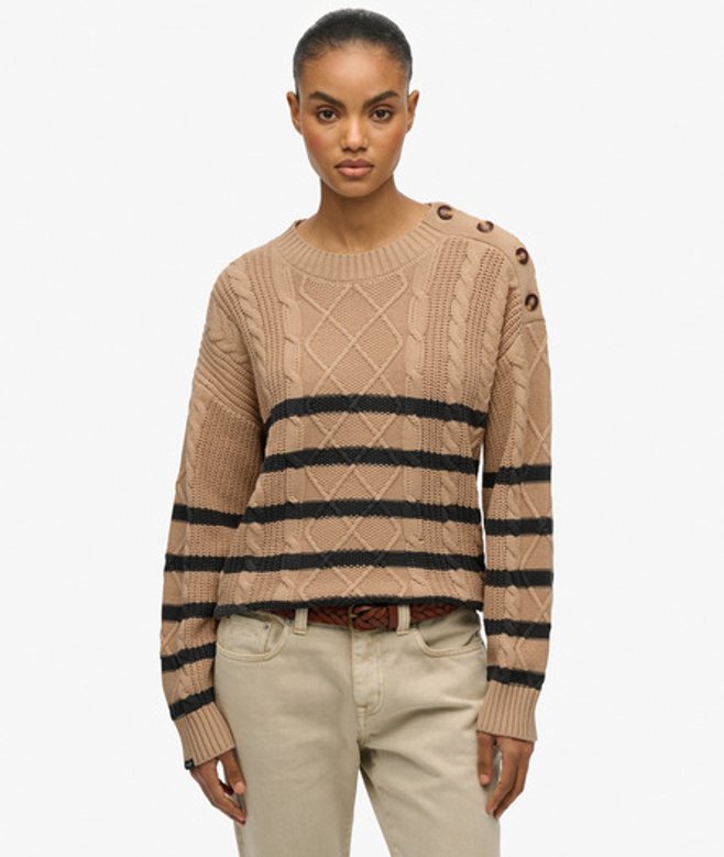 Superdry Kabeltrui met Ronde Hals Beige
