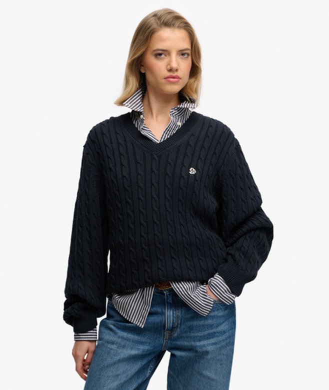 Superdry Oversized V-hals Kabeltrui Blauw