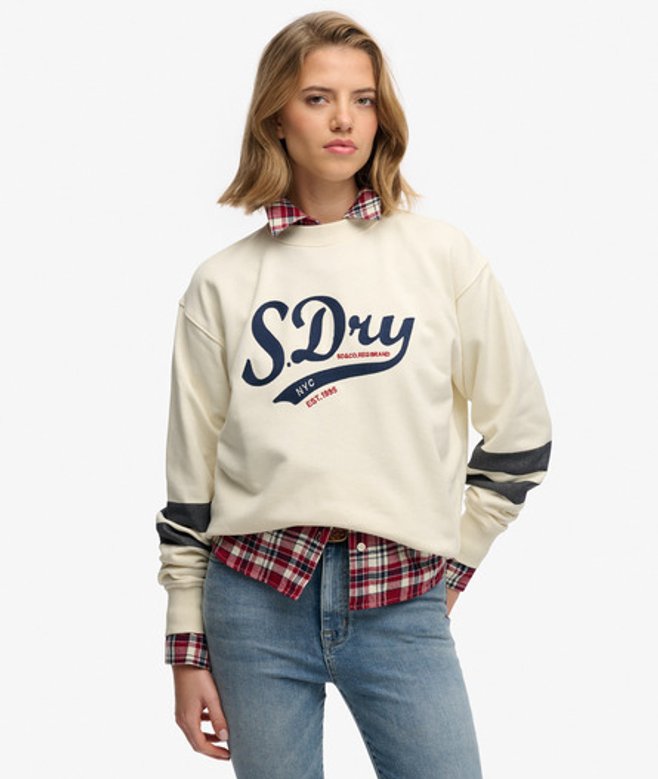 Superdry Varsity Script Boxy Crew Sweatshirt Cr&egrave;me