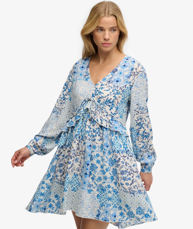 Superdry Women's Woven Tiered Mini Dress Blue/cream / Blue Beach Geo