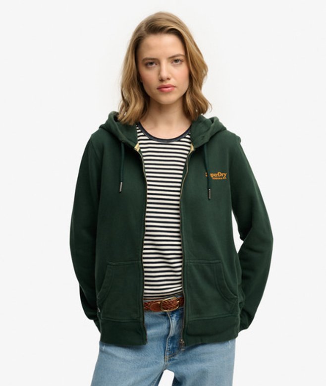 Superdry Essential Hoodie met Logo, Rits en Licht Geborstelde Voering Green