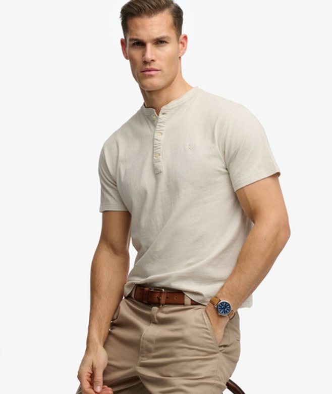 Classic Cotton Linen Korte Mouw Henley T-shirt