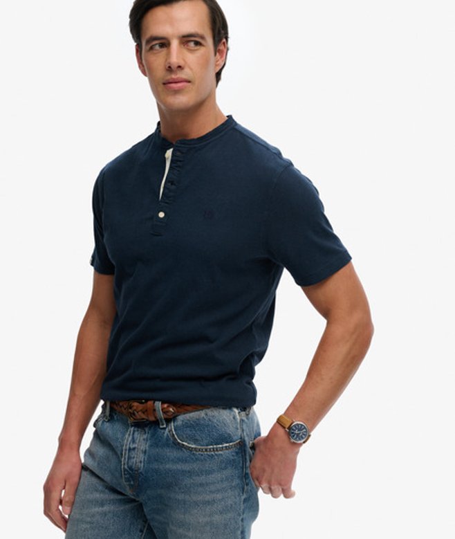 Classic Cotton Linen Korte Mouw Henley T-shirt