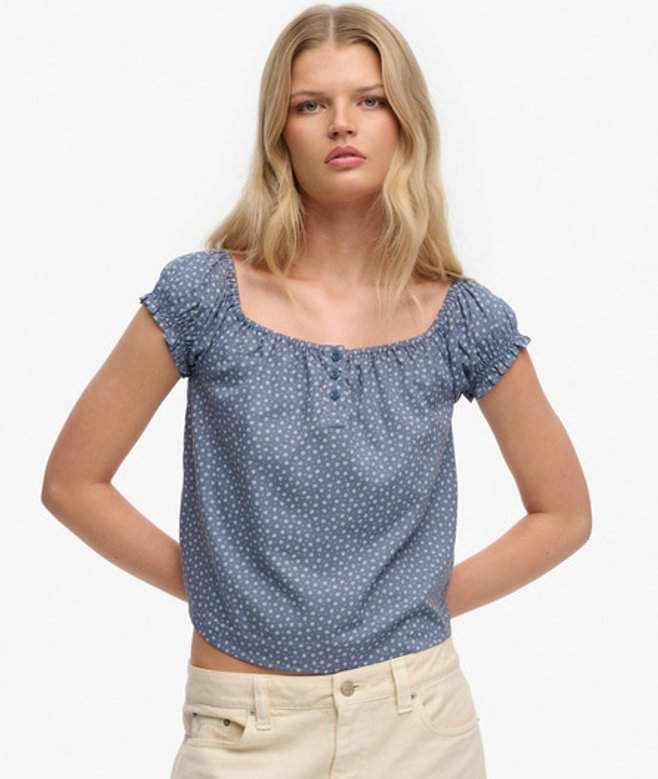 Geweven top met Korte Mouwen en Halve Knoopsluiting