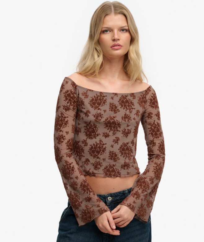 Flocked Mesh Top Met Lange Mouwen