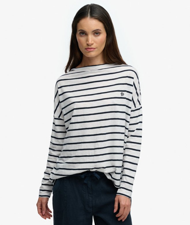 Superdry Women&rsquo;s Studios Boat Neck Slub Long Sleeve Top White / Optic/eclipse Navy Stripe - Size: 6