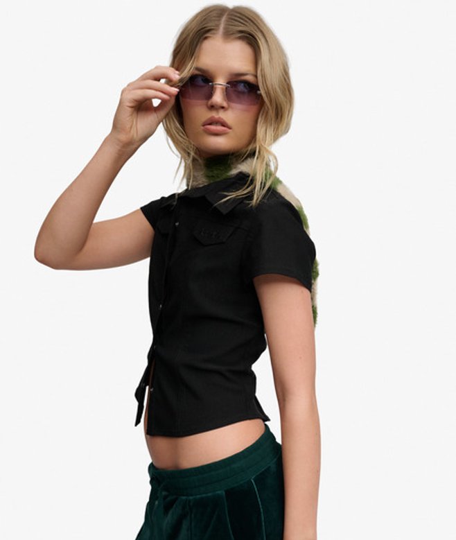 Superdry Damen Bench Kurzarm-stretchhemd mit Schmaler Passform Black - Größe: L