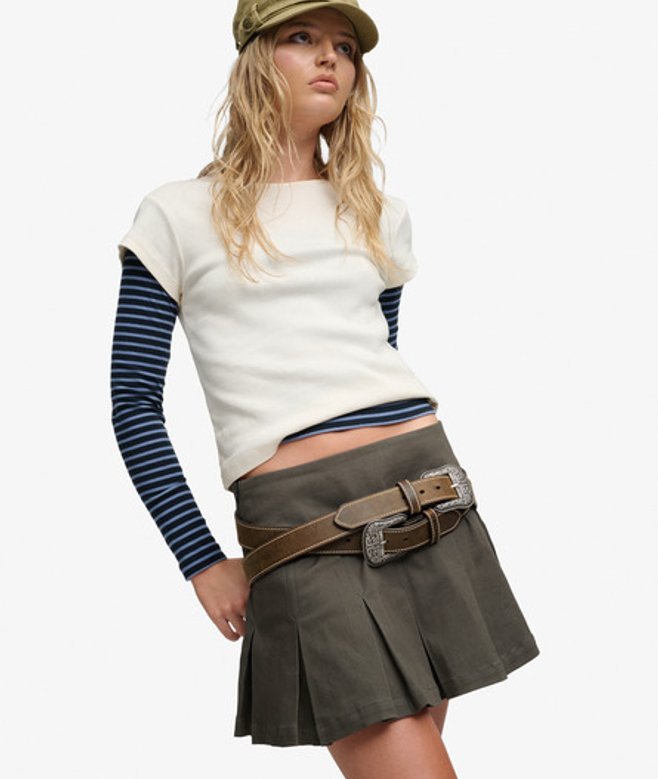 Superdry Damen Bench Logo Plissierter Twill-minirock Green - Größe: XL
