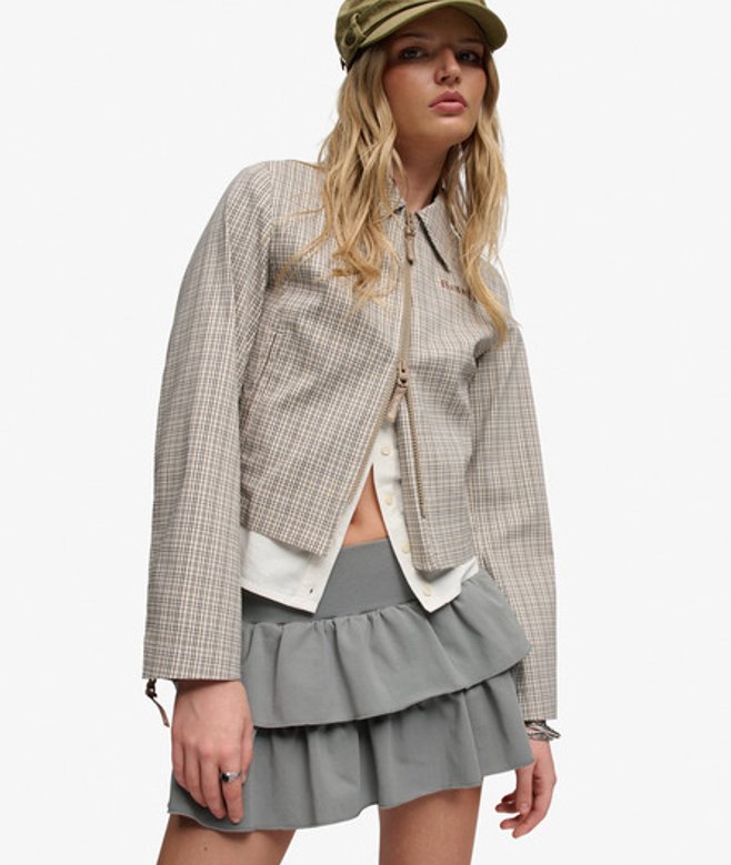 Superdry Damen Bench Karierte Jacke mit Doppelreißverschluss Beige - Größe: S