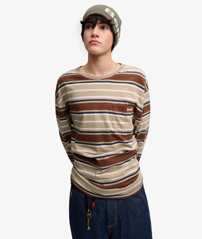 Superdry Herren Bench OverGrößed Streifen-langarmshirt Beige - Größe: S